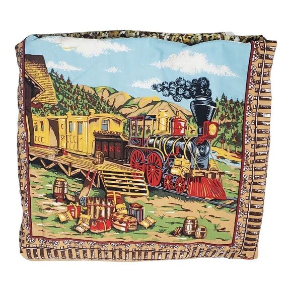 Baby Blanket Reversible Choo Choo Train Airplane Clouds Railroad Brown Blue - Picture 2 of 6